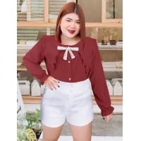 ราคา R123 เสื้อแฟชั่นสาวอวบ ผ้าสลาฟสีพื้น รุ่นแต่งปกระบายแหลม แขนยาว (20755263714)