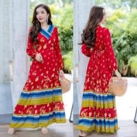 ราคา ชุุดเดรสผ้าสปันสีแดงลายโบฮีเมี่ยนคอวีแขนยาวมีสายผูกหลัง34 46 (16543923127)