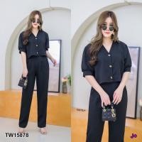 ราคา TW15878 Set สาวอวบ เสื้อครอปคอวีแขนตุ๊กตา กางเกงขายาว V neck collared shirt long pants (12351342723)