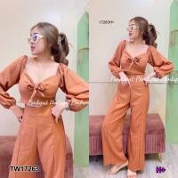 ราคา TW17263 set 2 ชิ้น เสื้อผูกโบว์อก แขนพอง กางเกงขายาว (12491034081)