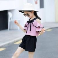ราคา ชุดผ้าชีฟองเปิดไหล่เสื้อและกางเกงขาสั้นสีบริสุทธิ์สำหรับเด็กหญิง2ชิ้นชุดเสื้อผ้า (7964034791)