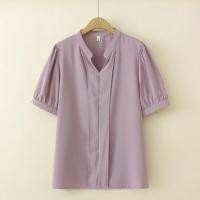 ราคา มีไซส์ใหญ่ Plus Size Womens V neck Summer White Purple Blouses Short Sleeve Solid Color A line Female Tops Fashion Ladies Office wear Blusas (18778928888)