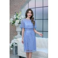 ราคา สีชมพู ฟ้า เดรสลูกไม้ปักนูนซีทรูคลุมไหล่ ลายสวยตัดเย็บดี มีซับในค่ะ เดรสไปงาน เดรสออกงาน M 3XL (17039968193)