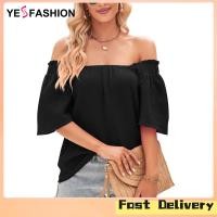 ราคา Yesfashion Store IN stock Women Off shoulder Shirt Ruffle Short sleeve Solid Color Blouse Comfortable Casual T shirt Pullover Top (21186806166)