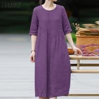 ราคา จัดส่งฟรี Esolo ZANZEA เดรสยาววันหยุดธรรมดาเอวหลวมผ้าลินินผ้าฝ้ายแขนสั้นอเนกประสงค์ของผู้หญิง 8 (18491253845)