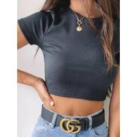 ราคา เสื้อครอปถักสีขาวคอกลมสำหรับผู้หญิงเสื้อยืดลำลองสีพื้นเซ็กซี่แนวสตรีทเสื้อสีดำแขนสั้นซี่โครง (21170200229)