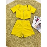 ราคา เซ็ตแขนสั้นผ้าโรเชช ผ้าเทพ เซ็ตแขนสั้นซิปหน้า เสริมฟองน้ำ กางเกงขาสั้น ดึงยางซิปหลัง (17649064315)