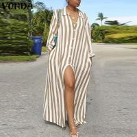 ราคา VONDA ชุดเดรสผ่าหน้าคอปกเดรสลายแขนยาวสำหรับผู้หญิงใส่ในวันหยุดเสื้อกระดุมแบบลำลอง แฟชั่นตะวันตก (20526274738)