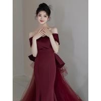 ราคา ชุดออกงานงานหมั้นชุดยกน้ำชาสีแดงไวน์สำหรับเจ้าสาวหรูหราเบาๆระดับไฮเอนด์ชุดเดรสเกาะอกปาดไหล่แบบหางปลา (20403137044)