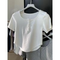 ราคา เสื้อยืดผู้หญิงเข้ารูปพอดีสีทึบเสื้อยืดคอสี่เหลี่ยมไหล่สีขาวเซ็กซี่เอวสูงสีขาวใหม่เสื้อเอวลอยฤดูร้อน (19850803324)