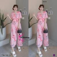 ราคา TW18616 Jumpsuit จั้มสูทแขนสั้น ขายาวกว้าง ลายดอกไม้ สายผูกเอว (18822202510)