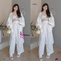 ราคา TW15345 Set 3 ชิ้น เสื้อตัวนอกแขนยาวทรงบอลลูน เสื้อตัวในพันรอบตัว กางเกงขายาว (7671386289)