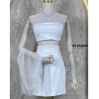 ราคา BT Studio 03 7416 ชุดเซต 3 ชิ้น เสื้อเกาะอกมาพร้อมกระโปรงสั้นและตาข่ายฝังเพชร (19330547763)