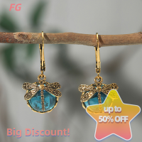 ราคา Lowest price FG ต่างหูแมลงปอวินเทจต่างหูแฟชั่นสีทองแกะสลักลวดลายโลหะฝังมูนสโตนสำหรับผู้หญิงเครื่องประดับ (20809285636)