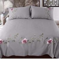 ราคา WOSTAR Rose flora embroidery design flat bed sheet solid colour cotton twill linen bedding luxury home textiles queen king size (13330026075)
