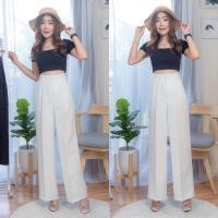 ราคา กางเกงผู้หญิง ขากระบอกใหญ่ เอวสูง ทรงลุง มีหูเข็มขัด สีขาว LittleJeans (7813407338)