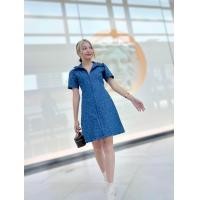 ราคา Sunny เดรสยีนส์ลายดอกไม้แขนสั้น ดีเทลซิปหน้า เดรสสั้นผ้ายีนส์แท้ (19489335387)