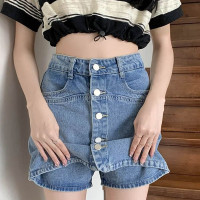 ราคา พร้อมส่ง กางเกงกระโปรงยีนส์ เอวสูง แต่งติดกระดุมด้านหน้า สไตล์เกาหลี (19561904521)