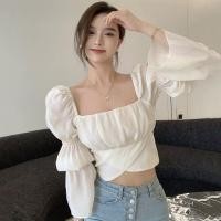 ราคา เสื้อชีฟองแขนยาวประดับโบว์สไตล์เกาหลีสําหรับผู้หญิง เสื้อครอปคอเหลี่ยมไขว้ผูกโบว์หลังมี3สี สวมใส่สบาย (16083084922)