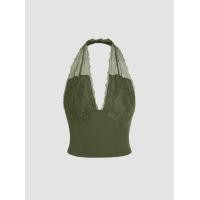 ราคา Cider V neck Contrasting Lace Halter Crop Top (20727757319)