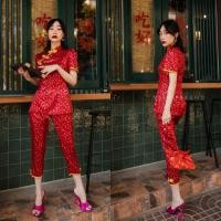 ราคา เซตกี่เพ้า 2 ชิ้น เสื้อแขนตุ๊กตา กางเกง ลายดอกมินิ VSHOP (17437395448)