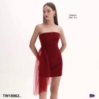 ราคา TW18962 เดรสสั้นเกาะอกซิปหลัง แต่งผ้ามุ้งผูกเอวข้าง (20516477177)
