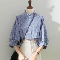 ราคา ลูกไม้เชื้อราแขนโคมไฟฝรั่งเศสย้อนยุคเสื้อเชิ้ตลายสก๊อตฤดูร้อนคอตั้งสีน้ำเงิน (17877460864)