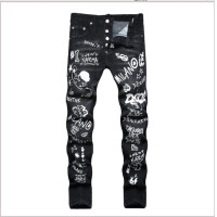 ราคา DSQUARED2ยี่ห้อบุรุษกางเกงยีนส์แฟชั่นสบายๆบาง D2กราฟฟิตีพิมพ์ยืดฉีกกางเกงยีนส์ถนนฮิปฮอปสีดำกางเกงยีนส์บาดเจ็บ (18463945491)