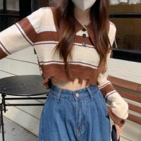 ราคา Ann Fashion เสื้อครอปเอวลอยเกาหลี เสื้อแขนยาวไหมพรม แต่งเอวขาด ลายทาง คอปก กระดุมคอ 388 (20433281189)