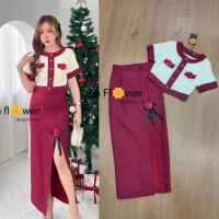 ราคา S 3XL Sun flower ชุดเซตผ้าทวิต เสื้อสีขาวแถบแดง กระดุมหน้า อกติดเข็มกลัดดอก3D กระโปรงสีแดงทรงเข้ารูปผ่าหน้าติดดอก3D สวยน่ารักมาก ใส่ออกงาน (21187846191)