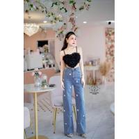 ราคา กางเกงยีนส์ขายาว เอวสูง ขากระบอก แต่งหัวใจเพชร สไตล์เกาหลี (19592550273)