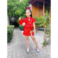 ราคา ชุดตรุษจีนสาวน้อยผ้าฝ้ายพิมพ์ทอง เสื้อคอจีนกุ๊นทอง กระโปรงผ่าหน้า (21231414481)