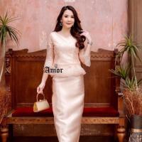 ราคา มี5สี M 4XL ชุดไทยประยุกต์ ออกงาน ไปงาน Set เสื้อลูกไม้ กระโปรงผ้าไหม แม่เจ้าสาว เจ้าบ่าว สาวอวบ อ้วน Amor 673 (21294863898)