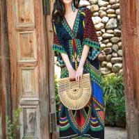 ราคา ชุดเดรสยาว คอวี ลายภาพพิมพ์สไตล์โบฮีเมี่ยน สีสวยตรงปก พร้อมส่ง (15728286223)