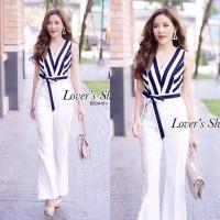 ราคา TW8504 จั้มสูทแขนกุดลายทางกางเกงสีพื้น สายผูกเอว (1935906293)