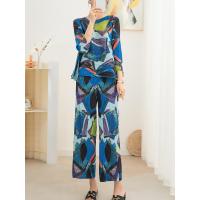 ราคา D0507 One Size 45 75kg Pleated Print Suit Womens Loose Slimming Round Neck Pullover Top Straight Leg Pants Two Piece Set (21358563898)