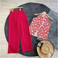 ราคา 17260 set 2 ชิ้น เสื้อเปิดไหล่คอจีนซิปหลัง แต่งกระดุมจีน กางเกงขายาวทรง (17307226542)