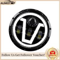 ราคา COD Ready 1Pcs 12V 24Vมอเตอร์ไซด์ไฟหน้า7 V Shapeไฟหน้าLEDกับเปิดไฟสัญญาณDRL Hi Lo Beamสำหรับรถจี๊ปชุดกันชนWrangler JKU CJ LJ TJ Hummer H1 H2 (5992220959)