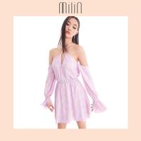 ราคา MILIN Crisscross v neck cowl open shoulder dress with long bell sleeves เดรสสั้นคอวีไขว้ แขนกระดิ่งยาว เปิดไหล่ถ่วง ผ้ายืดทอกลิตเตอร์สีพาสเทล Adella Dress สีฟ้า สีชมพูม่วง (8963428398)