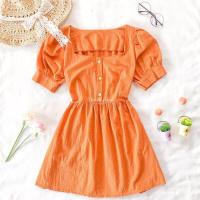 ราคา เดรสคอเหลี่ยมแขนตุ๊กตากระดุมหน้า สีพื้นผ้าลินิน (17376969779)