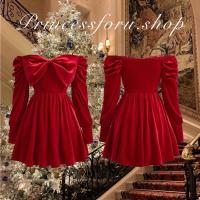ราคา เดรสสั้น แขนยาว สีแดง แต่งโบว์ ชุดคริสมาสต์ แฟชั่นเวียดนาม (20992892656)