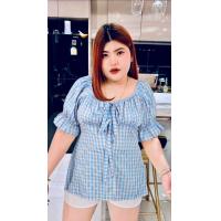 ราคา 868 R เสื้อสาวอวบโบว์2ชั้น แขนตุ๊กตาน่ารัก ลายสก็อต (12035485130)