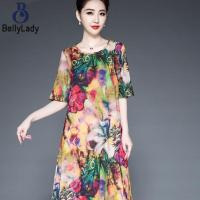 ราคา Women Dress A Line Round Neck Pullover Dress Printing Short Sleeves Plus Size Midi Skirt fast (16243810944)