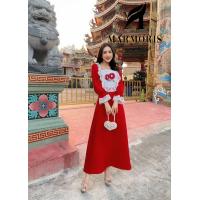 ราคา เดรสแดง สีแดง ใส่ตรุษจีน เดรสยาว เดรสสวยแขนยาว แต่งลูกไม้ งานปักชุดสวยพร้อมส่ง (21296124426)