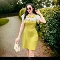 ราคา เดรสสาวอวบ เดรสคอปก เป็นชุดคลุมท้องได้ กระดุมหน้า แต่งระบาย มีเชือกผูกเอวสีเขียวมะนาว (20303725615)