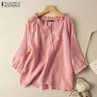 ราคา จัดส่งฟรี Esolo ZANZEA เสื้อเสื้อแบบมีระบายกระดุมคอวีสำหรับผู้หญิงชายหาดผ้าฝ้ายทรงหลวมเสื้อสตรีปักลายลำลอง 2 (19979366218)