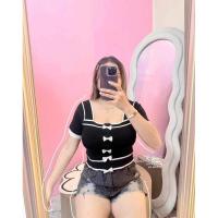 ราคา เสื้อครอปไหมพรมสาวอวบ ดีเทลติดโบว์น่ารักมาก อก34 42 (20661980244)