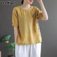 ราคา Laz Nigori สีม่วงแขนสั้นแบบหลวมผ้าลินินผ้าฝ้ายสีทึบผ้าลินินคอกลมเสื้อผ้าสตรี (13955154648)