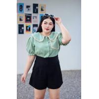 ราคา BN225 เสื้อครอปเชิ้ตผ้าลูกฟูกสาวอวบ ปกบัวแต่งลูกไม้รอบปก แขนตุ๊กตา อก50 (21059842654)