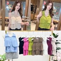 ราคา เสื้อครอป แขนกุดคอปกกระดุมทอง ระบายหน้า2ชั้น ผ้าท็อปฟี่ รอบอก32 36 (21040940331)